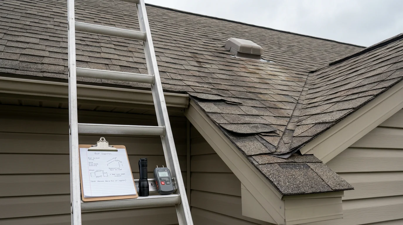 A Roof Fitters LLC inspector examining shingles and flashing on a residential roof in West Chester, Ohio. The image shows a close-up view of the roof surface during a post-storm damage assessment.