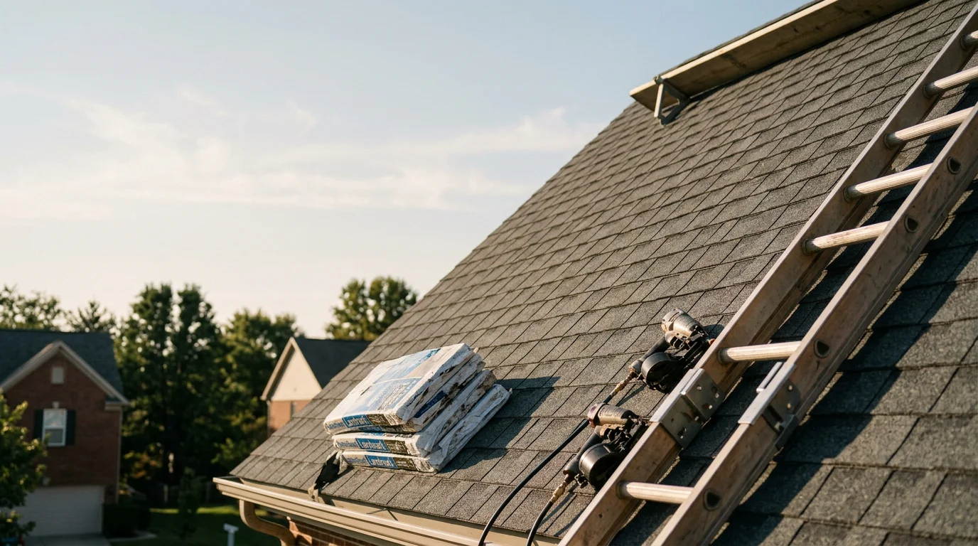 A completed roof installation on a residential home in West Chester, Ohio, showing a full new roofing system with clean ridge lines and uniform shingles. The property sits in a suburban neighborhood typical of Butler County's residential developments.